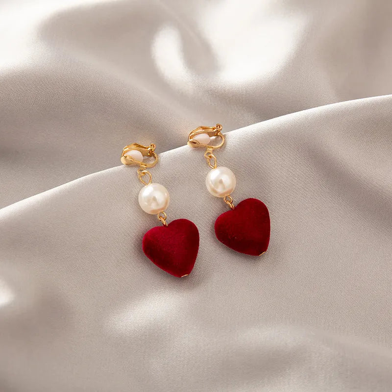 Wine red pearl-love charm ear clip