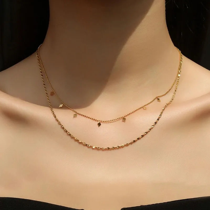 18k Gold plated diamond shape layered necklace