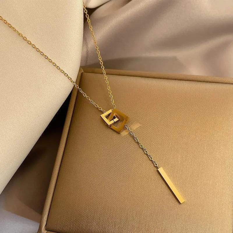 18k Gold plated solid square long necklace