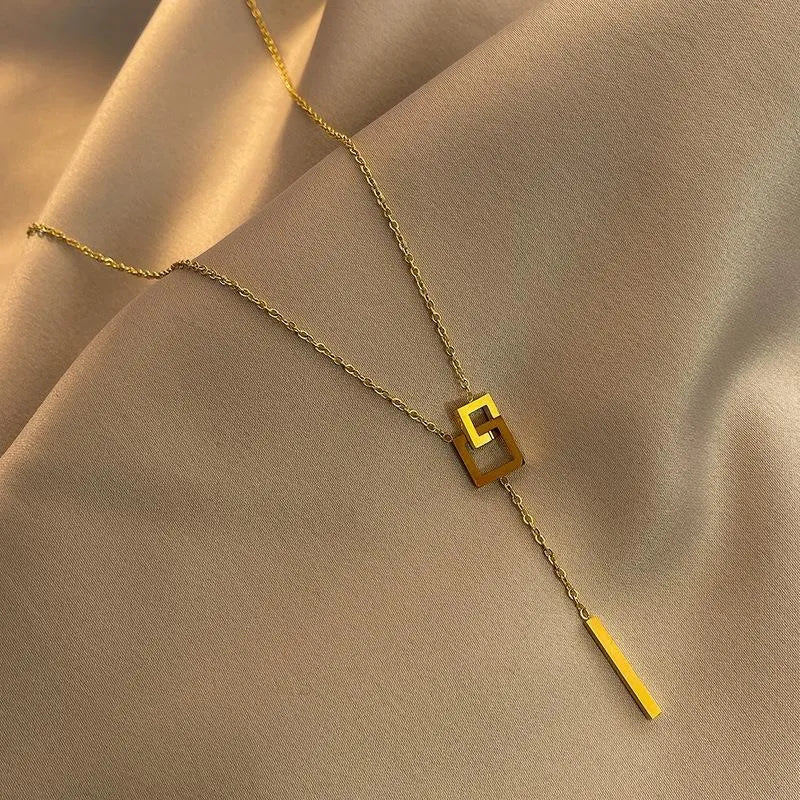 18k Gold plated solid square long necklace